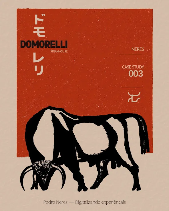 Capa editorial vermelha do case Domorelli Steakhouse, com ilustração de um touro